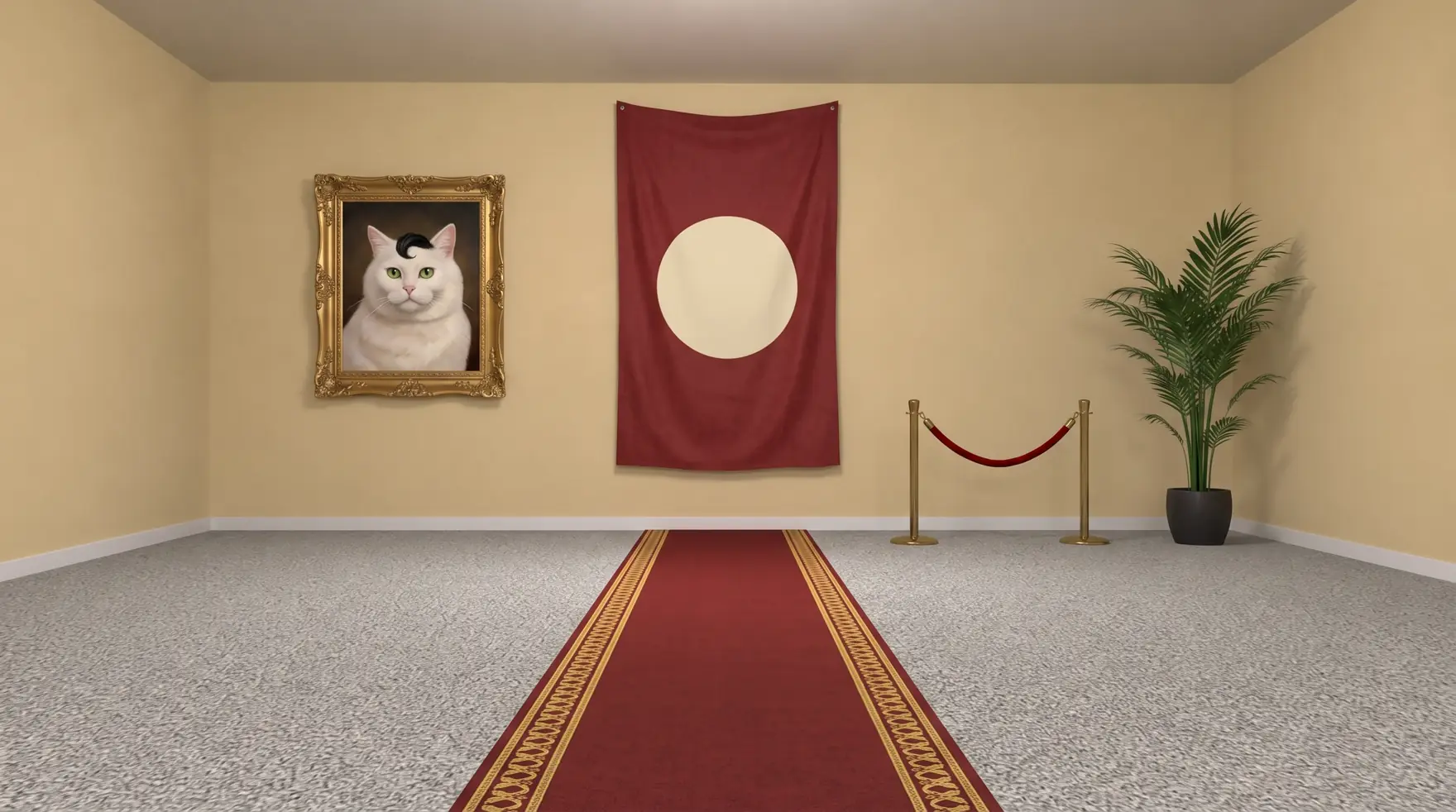 A sand coloured room with a red runner, a banner, a framed portrait, a rope and a plant